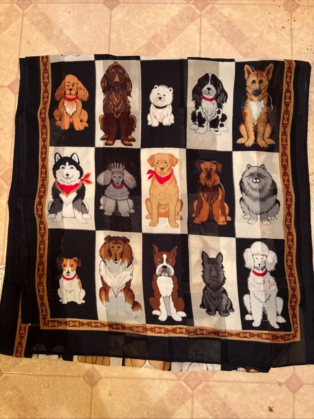 Black & Multi Dog Print Chiffon Polyester Women’s Scarf 13” wide by 60” length